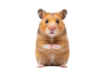 An adorable golden hamster with fluffy golden-brown fur, big ears, curious eyes, stands upright, paws held, making eye contact on transparent studio background with copy space, concept of pet