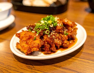 Crispy, glazed chicken dish on a white plate