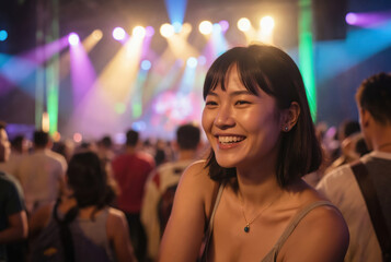 Young Asian woman smiling, dancing in crowd at outdoor music festival at night. Radiant smile on face as enjoys live concert with friends. Woman surrounded by people fun, enjoying music.