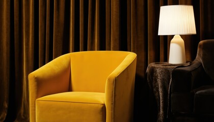 Stylish yellow armchair next to lamp on table. Elegant mustard color seat against dark textured velvet backdrop. Modern cosy interior design concept with warm inviting light.