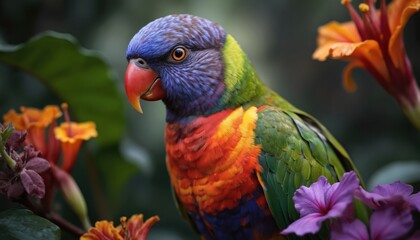 Close-up portrait of colorful Rainbow Lorikeet bird perched in vibrant tropical flowers. Photorealistic image captures intricate details of plumage, featuring bright blue, green, red, orange, yellow