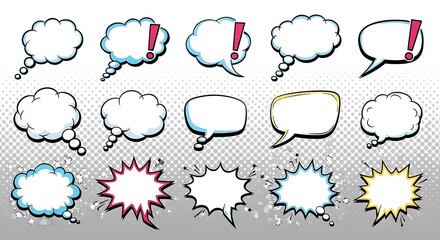 Comic Book Style Speech Bubbles with Exclamation Points on Halftone Background