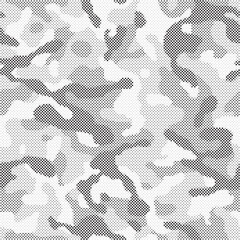 Abstract halftone seamless camouflage pattern. Monochrome camo with pixel effect. Modern sporty background for jersey design. Vector Format Illustration