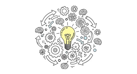 Conceptual Illustration of Brainstorming, Ideas, and Innovation with Gears and Lightbulb