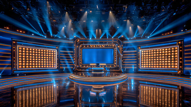 Bright TV game show stage with blue spotlights, glowing marquee bulbs, empty set and podium, glossy floor, studio lights. Entertainment, quiz show TV backdrop.
