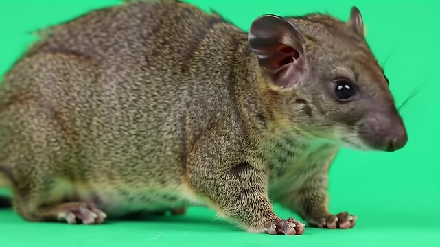 Small Marsupial Portrait: Curious Rat-Kangaroo on Vibrant Green Studio Background