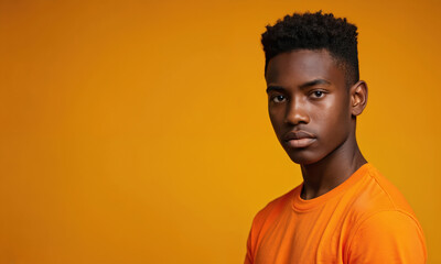 Obraz premium Portrait young black boy with confident gaze. Serious facial expression, stylish haircut. Solid bright yellow background. Youth, personality, emotions. Perfect for fashion, advertising, diversity