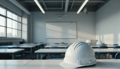 White safety helmet on desk in modern school classroom. Protection equipment for students. Health safety at workplace during training. Empty clean interior design. Awareness of secure work risk