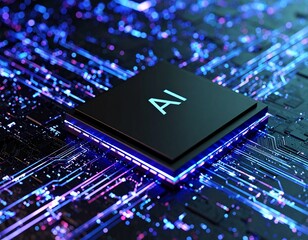 Photo of ai chip on a futuristic circuit board with glowing blue lines representing data flow and technology