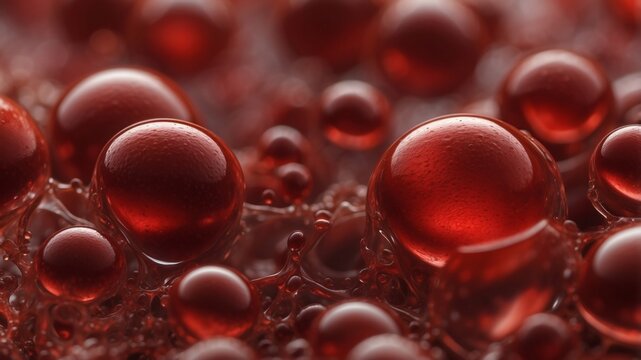 Macro shot of glistening, vibrant red droplets creating a captivating abstract pattern