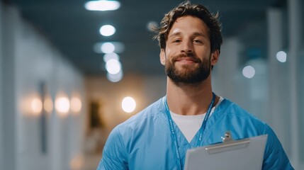 A confident healthcare professional smiles while holding a clipboard in a modern hospital corridor, showcasing a caring attitude.