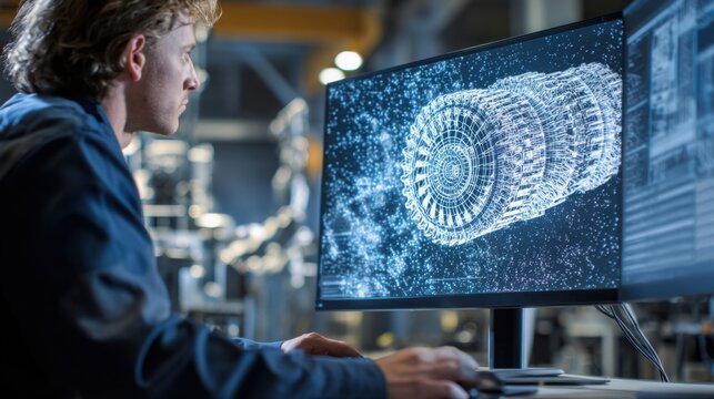 An operator reviews highresolution scans of turbine hardware on a computer screen demonstrating the use of digital inspection techniques before remanufacturing begins.