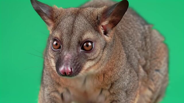 Curious Brushtail Possum Portrait with Large Eyes on Vibrant Green Background, Isolated Studio Shot of Australian Marsupial Wildlife