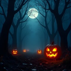 Naklejka premium Mysterious Halloween Forest Background with Glowing Pumpkins and Burning Eyes