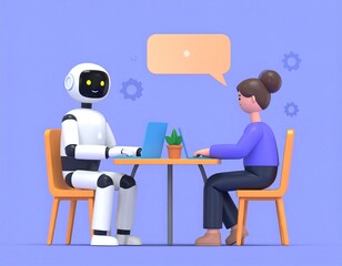 Photo of robot and human having a job interview with laptops and a speech bubble, futuristic concept