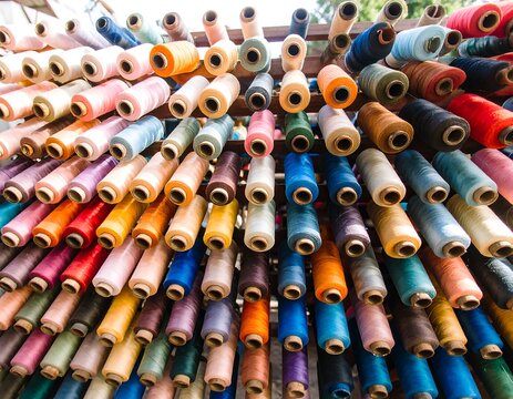 Colorful spools of thread on wooden racks