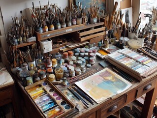 A vibrant studio setting brimming with creative tools and supplies, from paintbrushes to colorful paints and palettes
