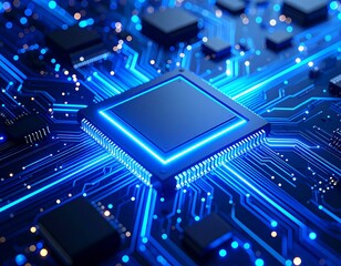Photo of closeup of a glowing blue computer processor chip on a complex circuit board with intricate wiring