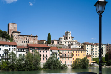Bassano del Grappa, Vicenza, Veneto, Italy - July 9, 2025 - Views of the city, the castle, and the Alpine Bridge