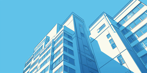 青空の下に立ち並ぶ高層ビル群をアニメ風の手描きタッチで描いた風景イラスト。都会、都市、ビジネス街、街並み、建物、爽やか、背景素材、プレゼン資料や広告にも使える。