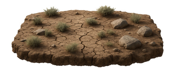 Dry, cracked soil surface with sparse vegetation and scattered rocks