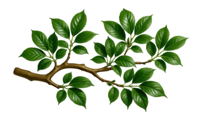 Mature tree branch with multiple offshoots and clusters of green leaves