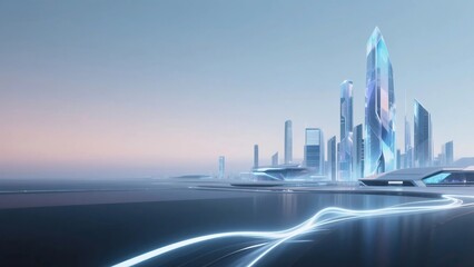 Fototapeta premium Futuristic Coastal Cityscape with Glass Skyscrapers and Glowing Water Trails, Pastel Sky Gradient Panorama