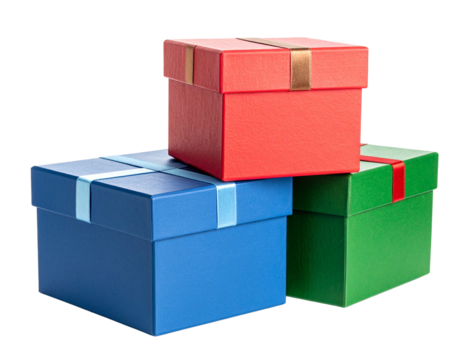  Stack of Three Christmas Gift Boxes in Different Sizes and Colors, Angled View, Transparent PNG background 