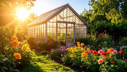ヴィンテージ風温室と満開の花々