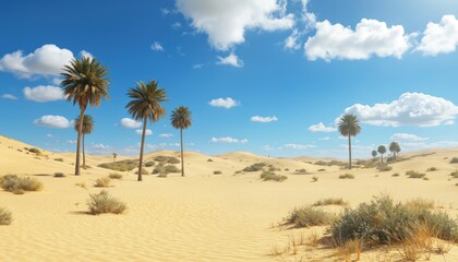 Desert landscape palm trees under bright blue sky with white clouds. Sandy dunes, tropical vibes. Vacation holiday mood, natural beauty of sunny weather, travel destination.