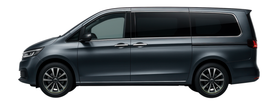 Plug-in hybrid minivan with sliding side doors and tinted rear windows