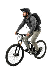 Obraz premium Mid-30s caucasian man with dark beard, athletic build, in hoodie, cargo pants, helmet, backpack, actively riding full-suspension mountain bike on isolated transparent studio background, shadowless