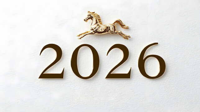 Golden horse figurine leaping above the year 2026, set against a clean white background, symbolizing prosperity and new beginnings in the coming year. Selective focus
