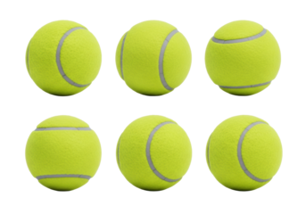 Six vibrant fluorescent yellow tennis balls with grey seams, subtly rotated, arranged in rows on a pristine transparent studio background with no shadows, commercial product photography concept