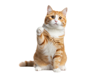 A fluffy, orange and white classic tabby cat sitting upright, front paw raised in a playful wave, isolated on a transparent studio background with copy space, bright even lighting, perfect for