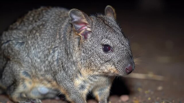 Nocturnal Australian Potoroo or Small Marsupial Foraging at Night in its Natural Habitat