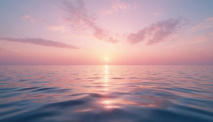 Fototapeta premium Serene view of water ripples with pastel gradient sky. Pink, blue hues in sunset, promotes wellness, eco, beauty concepts. Calm sea horizon reflecting sunlight. Peaceful nature scene for various eco