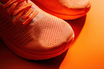 Close-up of a pair of bright orange running shoes