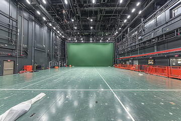 Empty soundstage with green screen and polished floor.