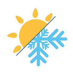 Fototapeta premium Sun and snowflake vector illustration, hot and cold weather symbol in flat design, isolated on white background.