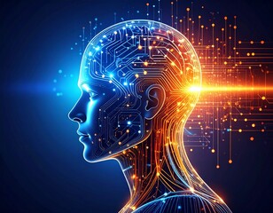Photo of artificial intelligence concept with a human head made of circuits and glowing lights, representing future technology