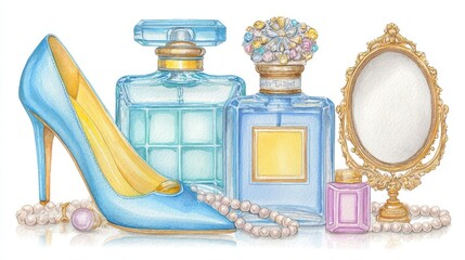 Watercolor Fashion Still Life Blue Heels, Perfume Bottles and Gold Mirror