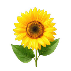Obraz premium Vibrant sunflower with deep yellow petals and dark center, displayed against a stark black background. Two green leaves accentuate the stem