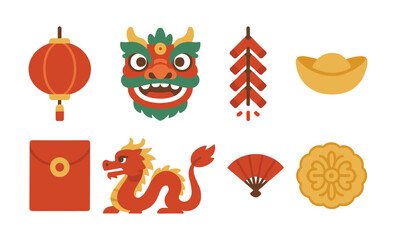 Colorful flat icons celebrating chinese new year 2026 with lanterns and dragon