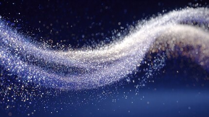 Fototapeta premium Flowing Stream of Glittering Particles on Deep Blue Background – Abstract Wave of Sparkling Energy and Motion