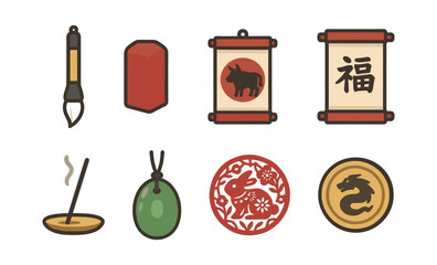 Traditional asian icons: art tools, zodiac symbols, and cultural elements in sticker style