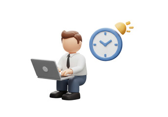 Isolated Cartoon Man Working on Laptop with Clock and Lightbulb, Time Management