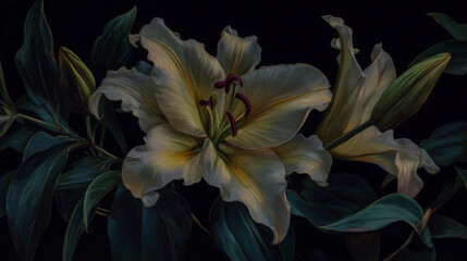 Fototapeta premium A photorealistic painting of an elegant white lily, with delicate petals and dark green leaves, set against a deep black background