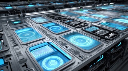 An overhead view capturing multiple auto panels arranged neatly on a curing rack allowing for a look at the various stages of production in a composite manufacturing facility.