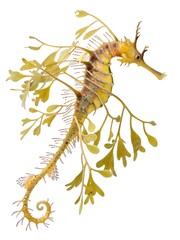 Obraz premium Macro image of a leafy sea dragon in floating pose, intricate appendages lit delicately, perfectly isolated on pure white — master of disguise among seaweed. 